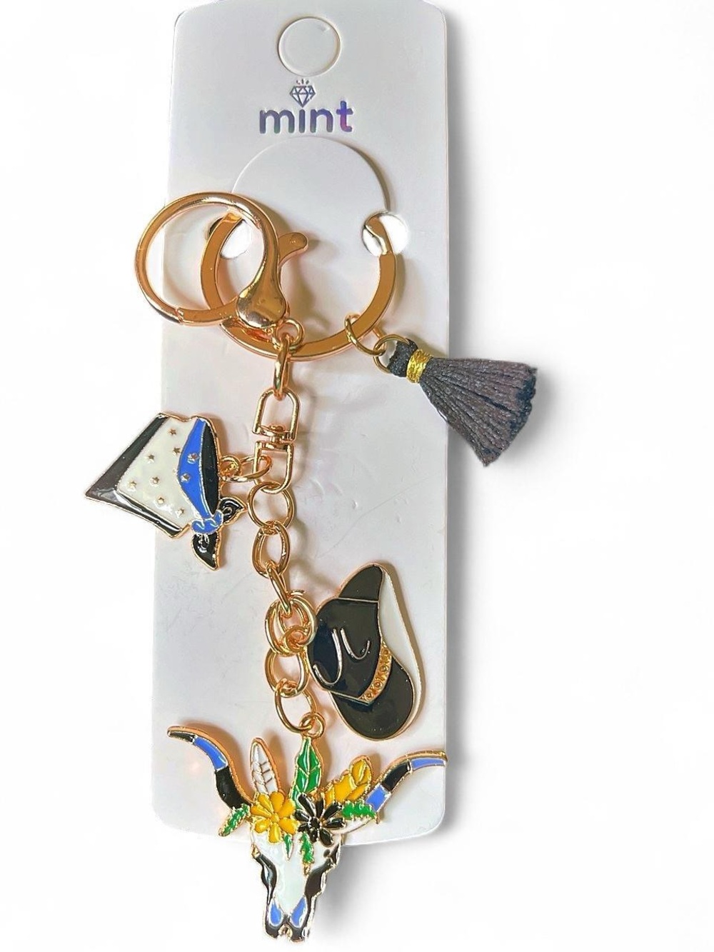 Mint Gold-Tone Cow Skull Tassel Keychain Bag Charm Black & Multicolor
